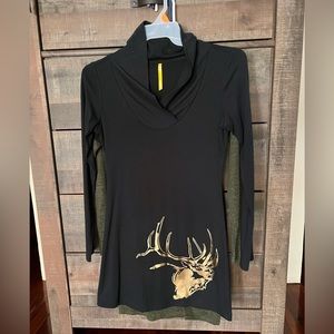 Bugling elk dress, elk tunic, Lole XS dress, Lole tunic cowl neck upcycled dress